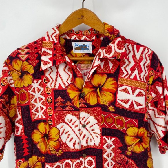 Vintage Diamond Head Hawaiian Shirt / Red Tribal Screen Printed Button Down Camp - Picture 1 of 8
